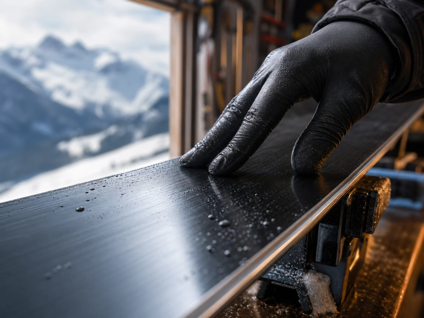 Waterdruppels op een professioneel gestructureerd skibelag
